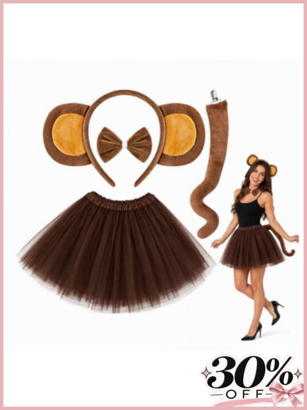 4-Piece Monkey Costume Set Plush Headband Tail Bow Tutu Halloween